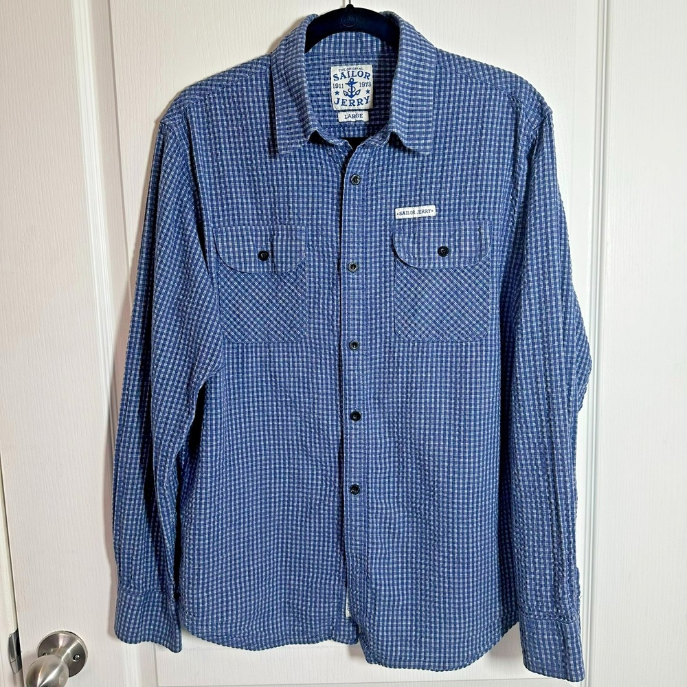 Sailor Jerry Shirt Men's L Blue Long Sleeve Button-Up Rockabilly Checkered‎